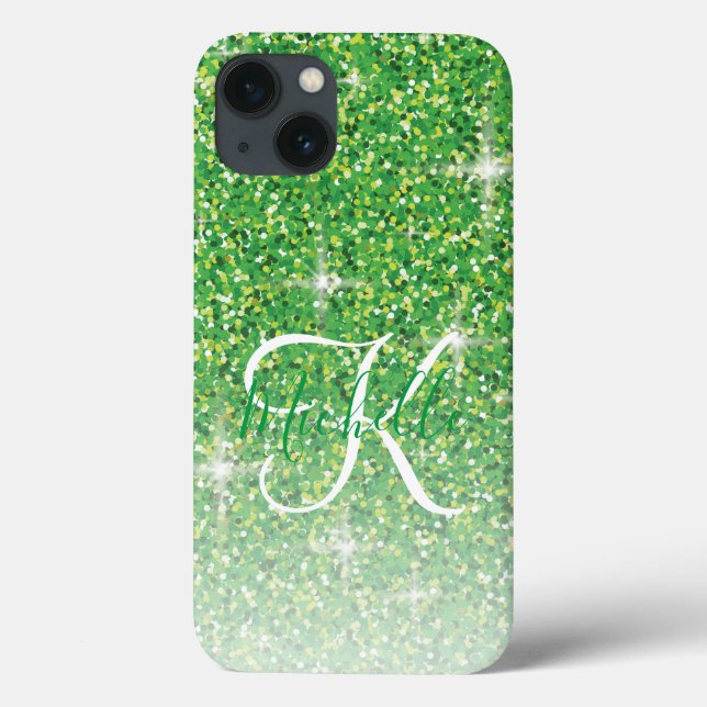 Girly Green Glitter Sparkles Monogram Script Name Case-Mate iPhone Case (Back)