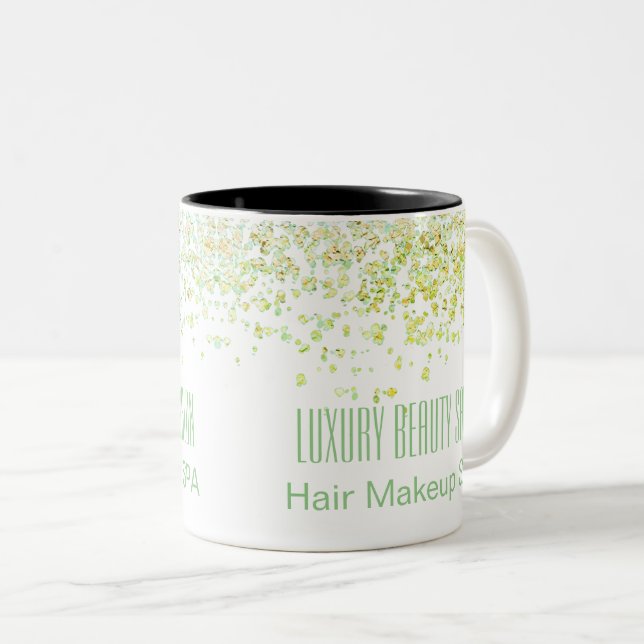 Girly Green & Gold Glittery Luxury Beauty Salon Two-Tone Coffee Mug (Front Right)