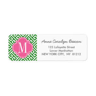 Girly Green & Pink Greek Key Pattern Custom Return Address Label