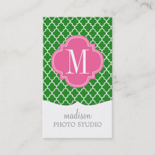 Girly Green & Pink Moroccan Tiles Monogram Business Card