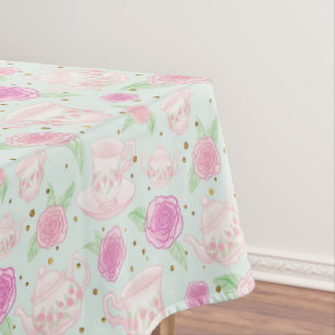 Girly Green Pink Tea Party Pattern Tablecloth
