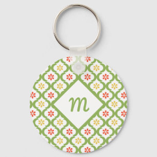 Girly Green Quatrefoil Cute Daisies and Monogram Key Ring