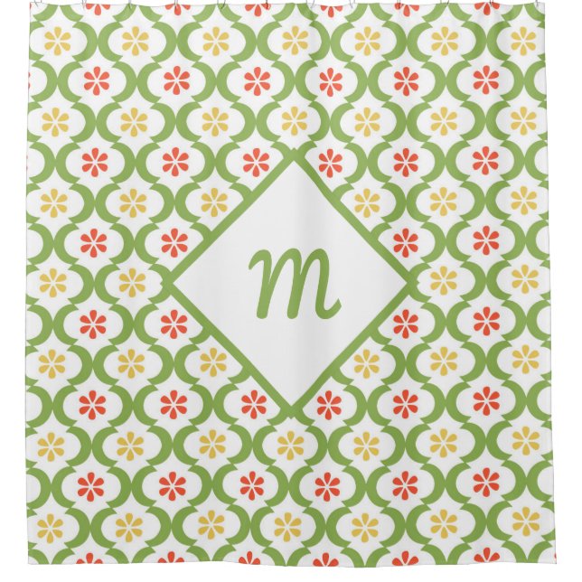 Girly Green Quatrefoil Cute Daisies and Monogram Shower Curtain (Front)