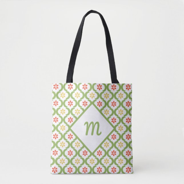 Girly Green Quatrefoil Cute Daisies and Monogram Tote Bag (Front)