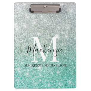Girly Green Silver Ombre Glitter Monogram Name Clipboard