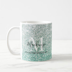 Girly Green Silver Ombre Glitter Monogram Name  Coffee Mug