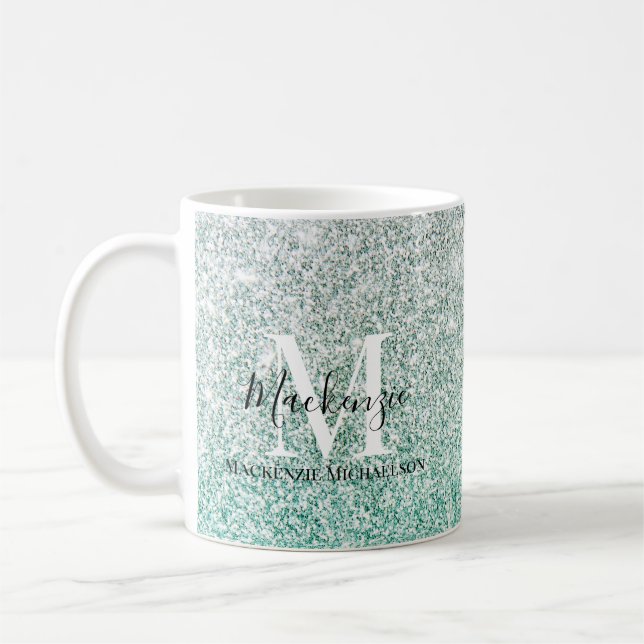 Girly Green Silver Ombre Glitter Monogram Name  Coffee Mug (Left)