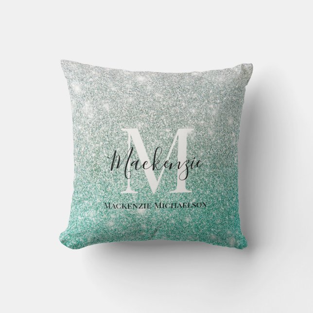 Girly Green Silver Ombre Glitter Monogram Name   Cushion (Front)