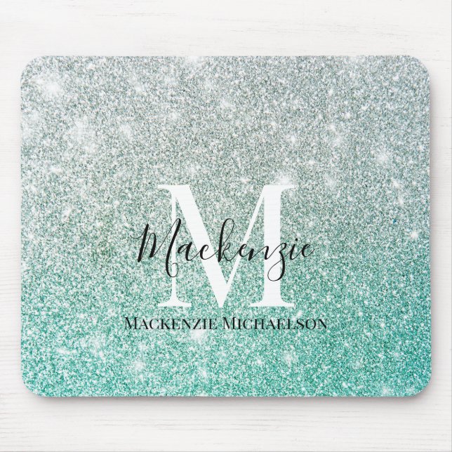 Girly Green Silver Ombre Glitter Monogram Name  Mouse Pad (Front)