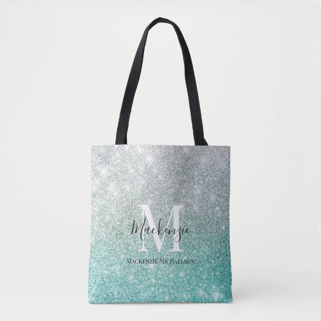 Girly Green Silver Ombre Glitter Monogram Name   Tote Bag (Front)