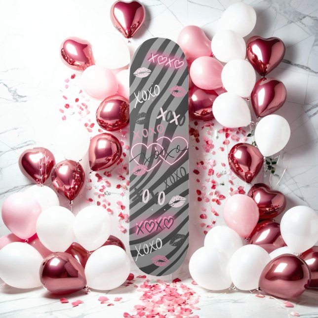 Girly Grey and Pink XOXO Valentine Skateboard (gray zebra print skateboard, punk princess, y2k style skateboard, hot topic, neon pink and black)