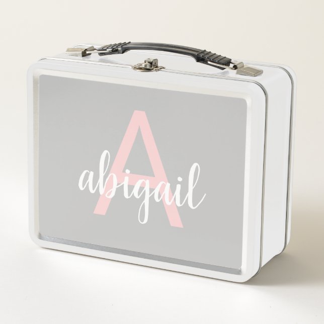 Girly Grey Blush Pink Modern Monogram Name Metal Lunch Box (Front)