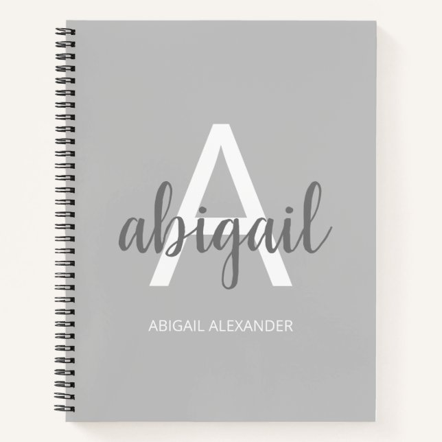 Girly Grey Modern Monogram Name Notebook (Front)