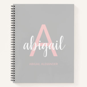 Girly Grey Pink Stylish Modern Monogram Name Notebook