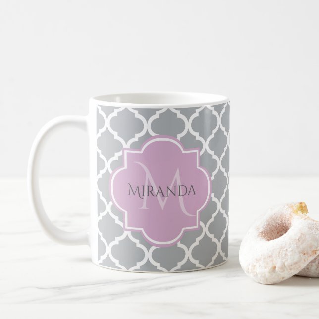 Girly Grey Quatrefoil Lavender Monogram and Name Coffee Mug (With Donut)