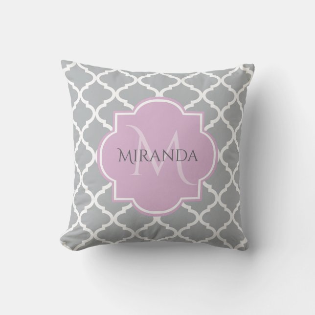 Girly Grey Quatrefoil Lavender Monogram and Name Cushion (Front)
