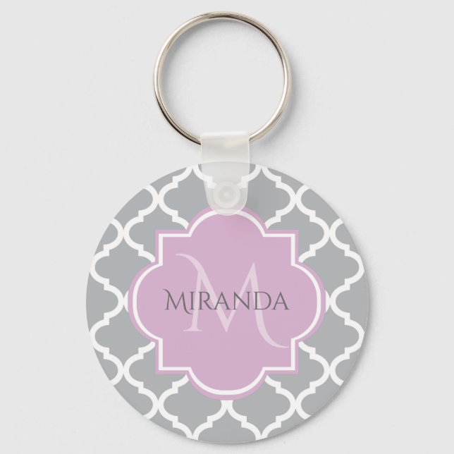 Girly Grey Quatrefoil Lavender Monogram and Name Key Ring (Front)