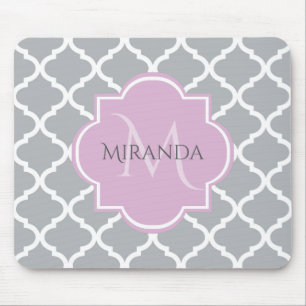 Girly Grey Quatrefoil Lavender Monogram and Name Mouse Pad
