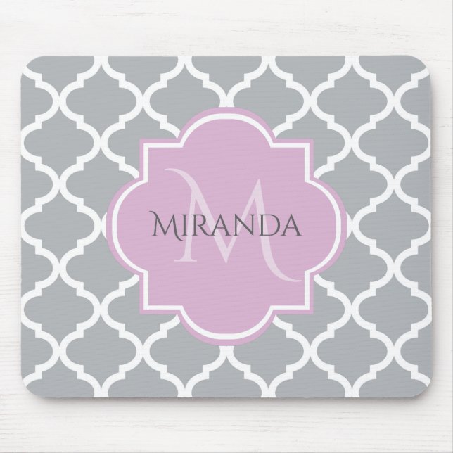 Girly Grey Quatrefoil Lavender Monogram and Name Mouse Pad (Front)