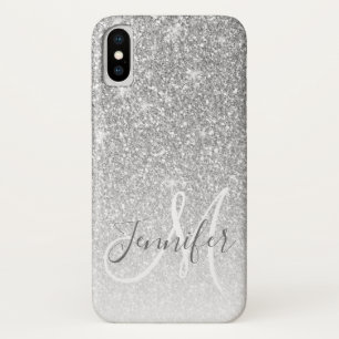 Girly Grey Silver Glitter Sparkle Monogram Name iPhone X Case