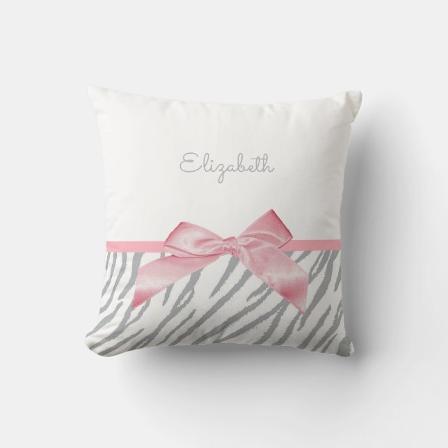 Girly Grey Tiger Stripes Animal Print With Name Cushion (Front)