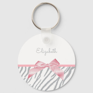 Girly Grey Tiger Stripes Animal Print With Name Key Ring