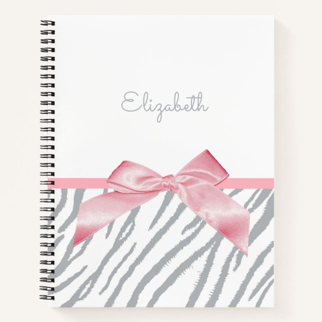 Girly Grey Tiger Stripes Animal Print With Name Notebook (Front)