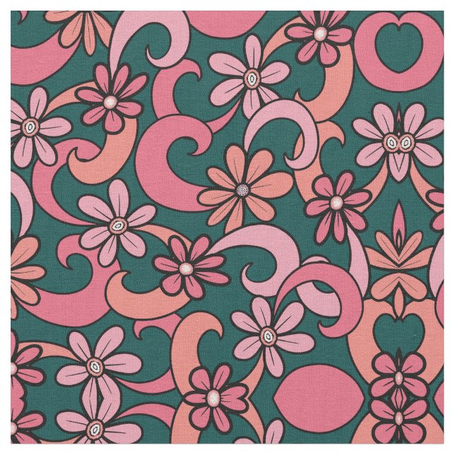 Girly Groovy Pink Coral Green 70s Flowers Pattern Fabric (Close Up)