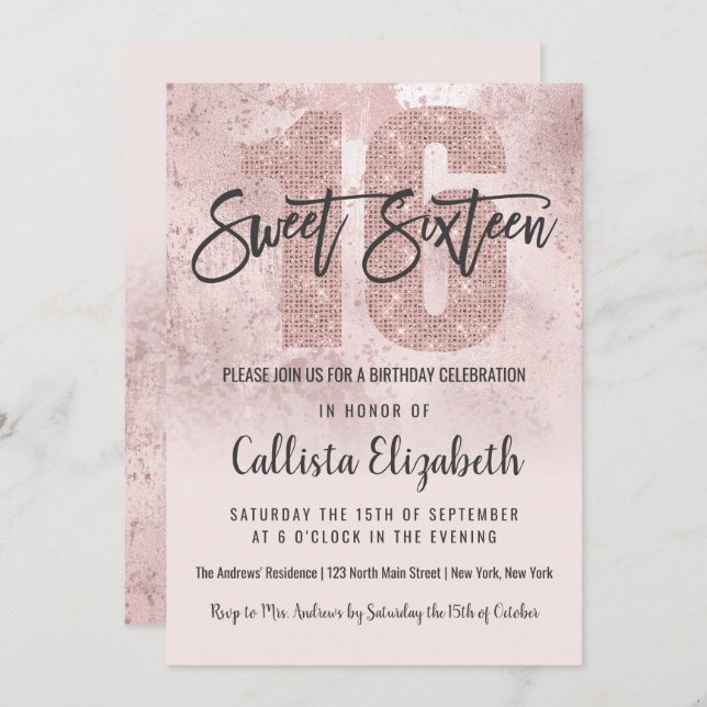 Girly Grunge Rose Gold Pink Glitter Foil Sweet 16 Invitation (Front/Back)