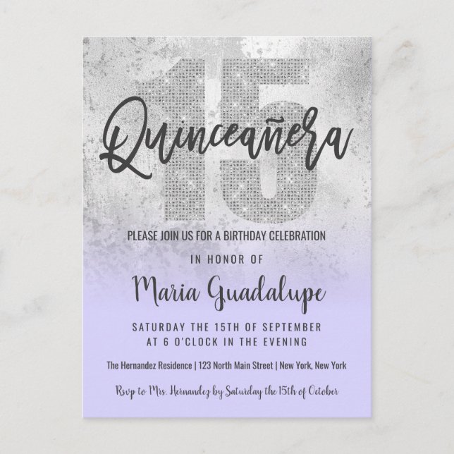 Girly Grunge Silver Lilac Glitter Foil Quinceañera Invitation Postcard (Front)