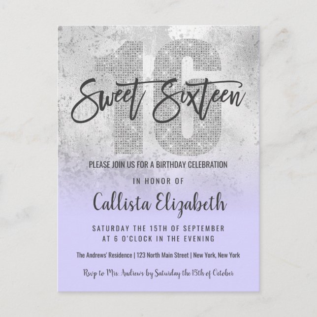 Girly Grunge Silver Lilac Glitter Foil Sweet 16 Invitation Postcard (Front)
