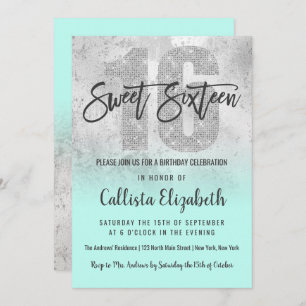 Girly Grunge Silver Mint Glitter Foil Sweet 16 Invitation