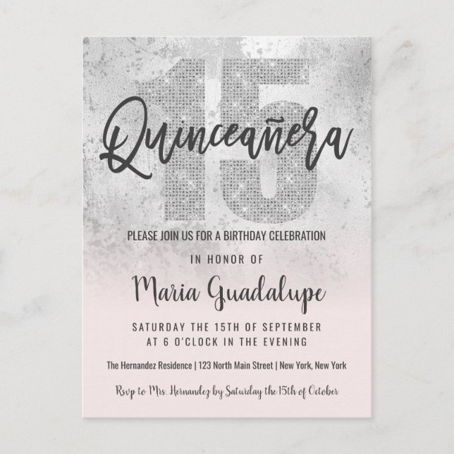 Girly Grunge Silver Pink Glitter Foil Quinceañera Invitation Postcard (Front)