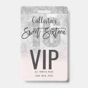 Girly Grunge Silver Pink Glitter Foil Sweet 16 ID Badge