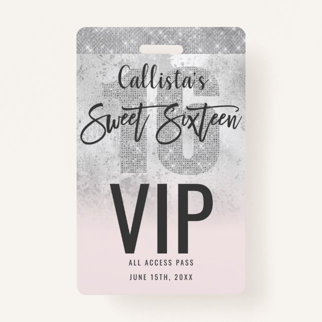 Girly Grunge Silver Pink Glitter Foil Sweet 16 ID Badge (Front)