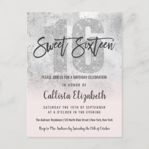 Girly Grunge Silver Pink Glitter Foil Sweet 16 Invitation Postcard