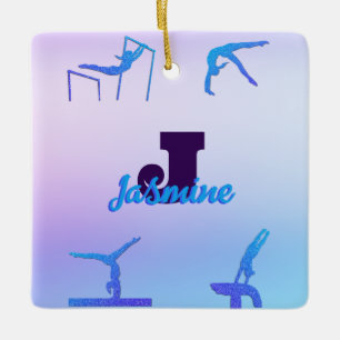 Girly Gymnastics Blue Purple Monogram Personalised Ceramic Ornament