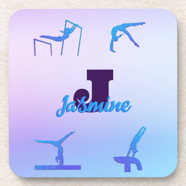 Girly Gymnastics Blue Purple Monogram Personalised Coaster (Front)