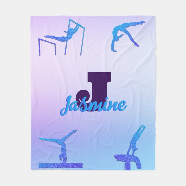 Girly Gymnastics Blue Purple Monogram Personalised Fleece Blanket (Front)
