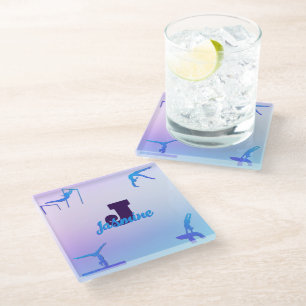 Girly Gymnastics Blue Purple Monogram Personalised Glass Coaster