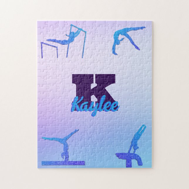 Girly Gymnastics Blue Purple Monogram Personalised Jigsaw Puzzle (Vertical)
