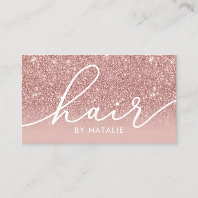 Girly Hair Stylist Rose Gold Glitter Salon Business Card (Front)