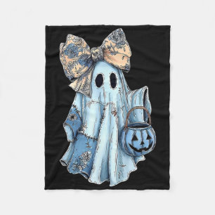 Girly Halloween Blue Denim Ghost Preppy Ghost Bow  Fleece Blanket