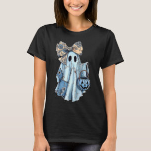 Girly Halloween Blue Denim Ghost Preppy Ghost Bow T-Shirt