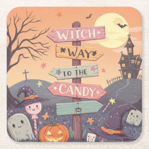 Girly Halloween - Witch Way to the Candy Square Paper Coaster