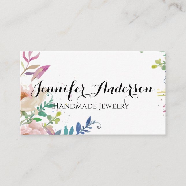 Girly Handwritten Floral Design Handmade Jewellery Business Card (Front)