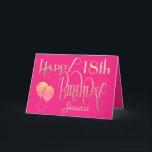 Girly Happy 18th Birthday Name Ornate Pink Gold Card<br><div class="desc">An elegant feminine colored design of ornate typography in gold on a hot pink background for an 18th birthday. Happy Birthday is set in a decorative script, and the age is in a cordinating typeface with name in elegant script at the bottom. Easily personalise the name and message inside to...</div>