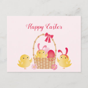 Girly Happy Easter Chicks Pink Postcard