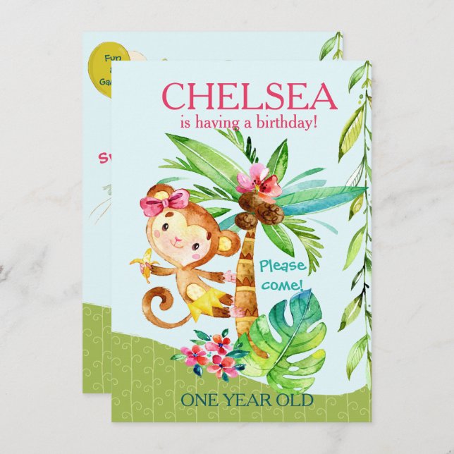 Girly Happy Monkey Blue Birthday Invite (Front/Back)