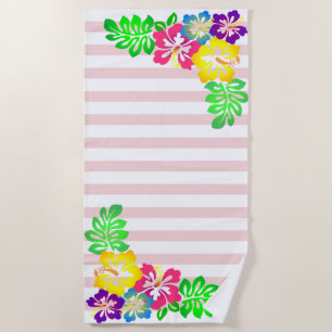 Girly, Hawaii Hibiscus , Stripes Beach Towel